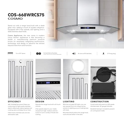COSMO COS-668WRCS75 30 in. Vista Collection 380 CFM Ducted Wall Mount Range Hood, Touch Controls, LED Lights, Stainless Steel - Image 3