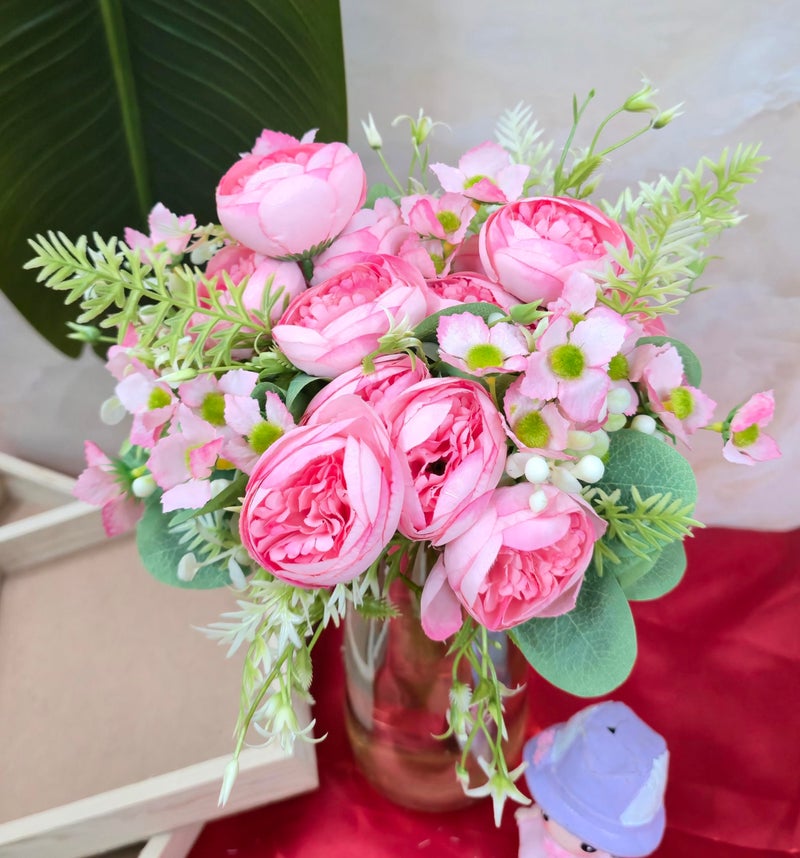 VRB Dec 1 Pcs Small Peony Artificial Flower Bunch,Artificial Flower for Decoration,Fake Flowers for Gifting, Home, Office, Bedroom Decoration Items Flowers for vase,Wedding. (Pink Small Peony Bunch) - Image 3