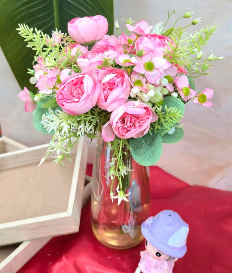 VRB Dec 1 Pcs Small Peony Artificial Flower Bunch,Artificial Flower for Decoration,Fake Flowers for Gifting, Home, Office, Bedroom Decoration Items Flowers for vase,Wedding. (Pink Small Peony Bunch) - Image 5