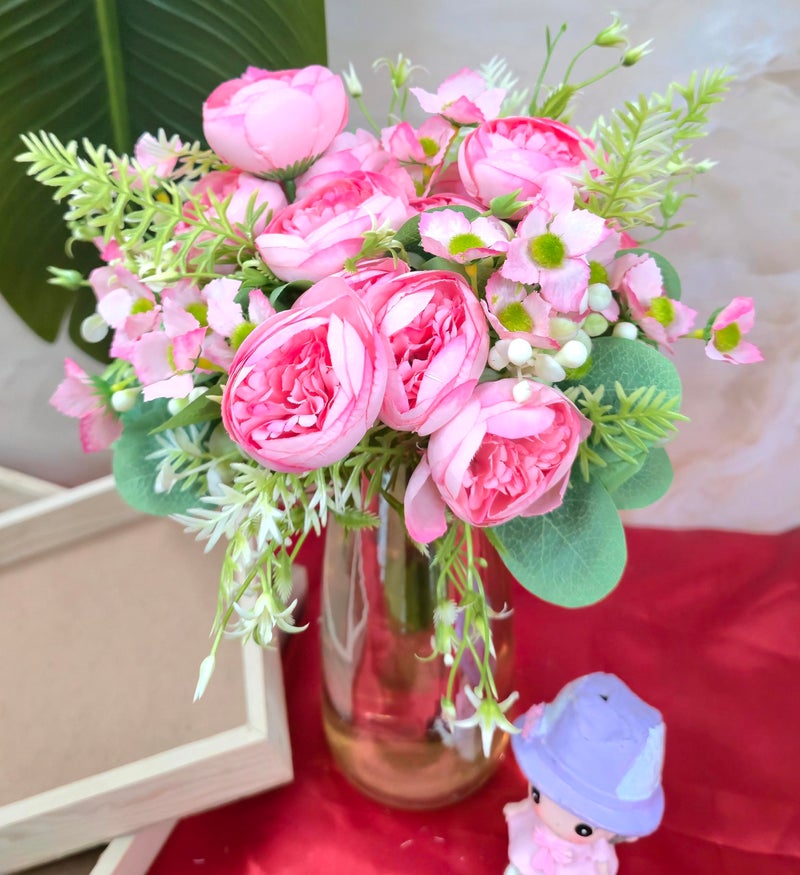 VRB Dec 1 Pcs Small Peony Artificial Flower Bunch,Artificial Flower for Decoration,Fake Flowers for Gifting, Home, Office, Bedroom Decoration Items Flowers for vase,Wedding. (Pink Small Peony Bunch) - Image 4
