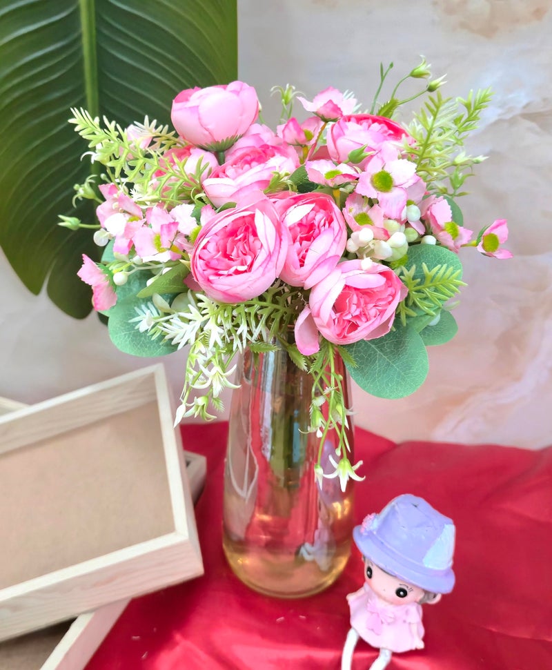 VRB Dec 1 Pcs Small Peony Artificial Flower Bunch,Artificial Flower for Decoration,Fake Flowers for Gifting, Home, Office, Bedroom Decoration Items Flowers for vase,Wedding. (Pink Small Peony Bunch) - Image 1