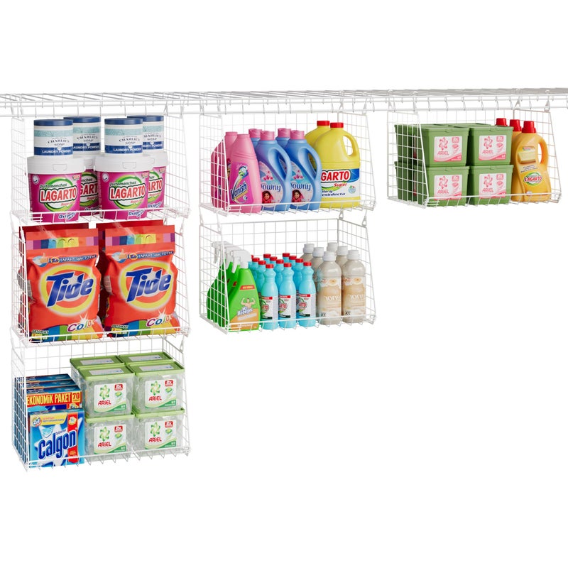 Sonyabecca 3-Pack Large Hanging Laundry Basket: Wire shelves for Laundry Room Organization with 360Â°Rotating Hooks Foldable Space Saving Over Washer and Dryer Shelves -Metal Laundry Basket Holder, White Patent - Image 1