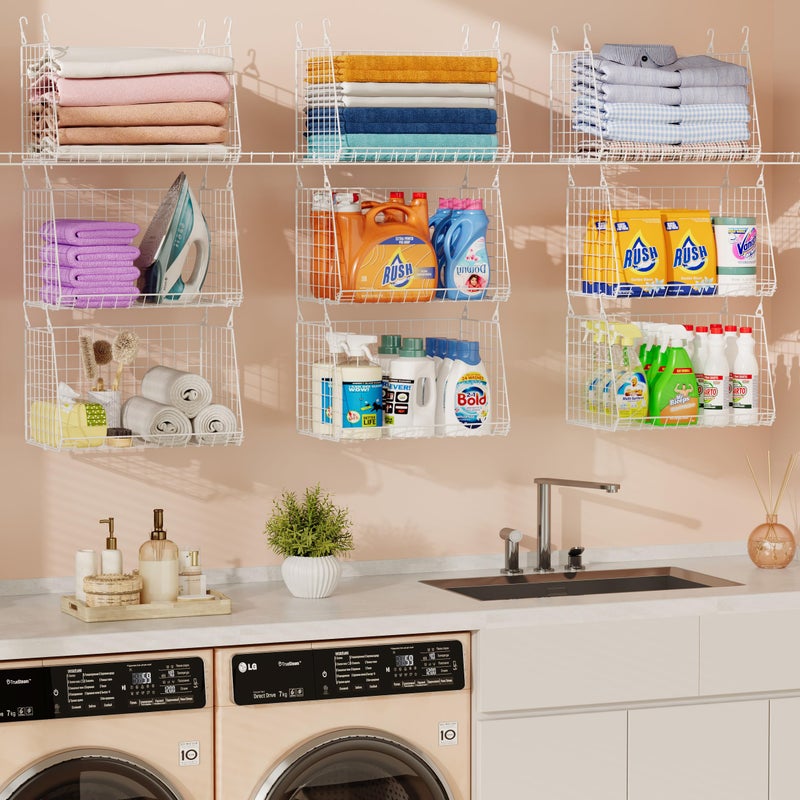 Sonyabecca 3-Pack Large Hanging Laundry Basket: Wire shelves for Laundry Room Organization with 360Â°Rotating Hooks Foldable Space Saving Over Washer and Dryer Shelves -Metal Laundry Basket Holder, White Patent - Image 5