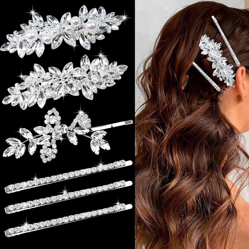 6 قطع مشابك شعر زفاف مزينة بالأحجار الكريمة أوراق زفاف دبابيس شعر كريستالية مشابك شعر فضية مجوهرات بارتيه للعروس وصديقاتها والفتيات الزهور