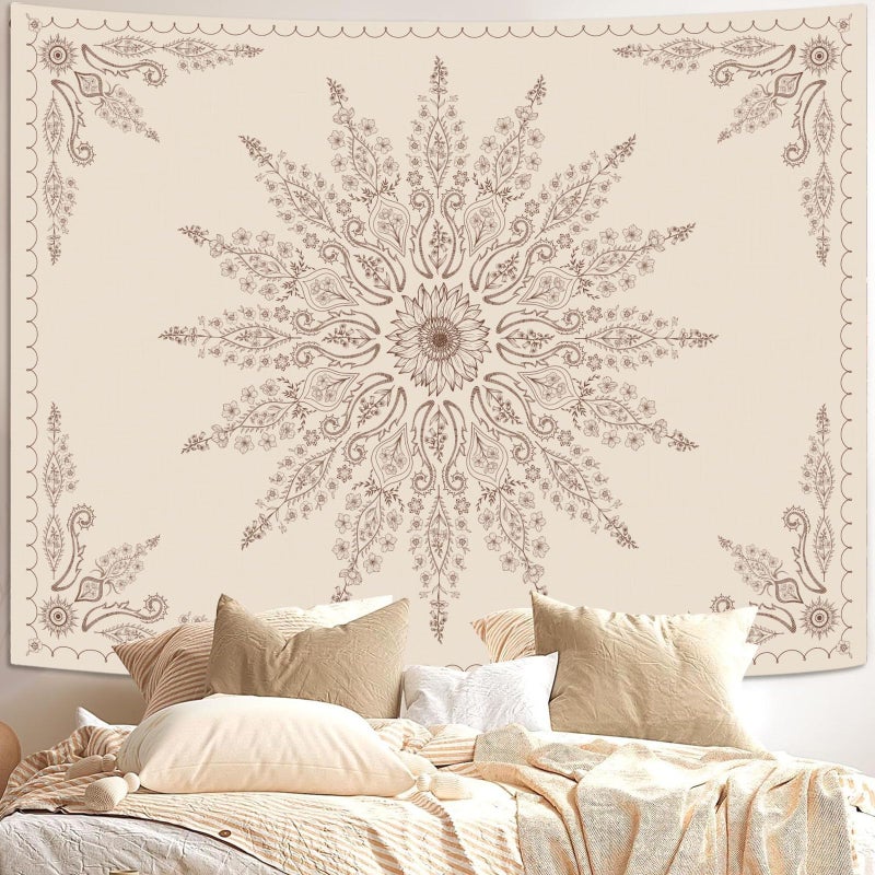 Fowocu Boho Floral Mandala Tapestry for Bedroom Aesthetic Bohemian Flower Wall Tapestry Beige Hippie Indian Small Tapestries Wall Hanging for Living Room Dorm Decor 40 x 30 Inch - Image 1