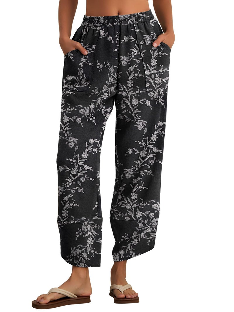 Feiersi Womens Baggy Wide Leg Pants Elastic Waisted Casual Palazzo Harem Pants Summer Beach Trousers(Black Carved White,Small) - Image 2