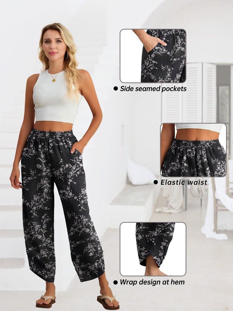 Feiersi Womens Baggy Wide Leg Pants Elastic Waisted Casual Palazzo Harem Pants Summer Beach Trousers(Black Carved White,Small) - Image 4