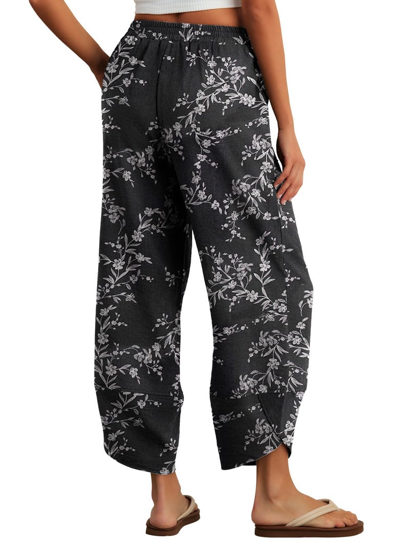 Feiersi Womens Baggy Wide Leg Pants Elastic Waisted Casual Palazzo Harem Pants Summer Beach Trousers(Black Carved White,Small) - Image 3