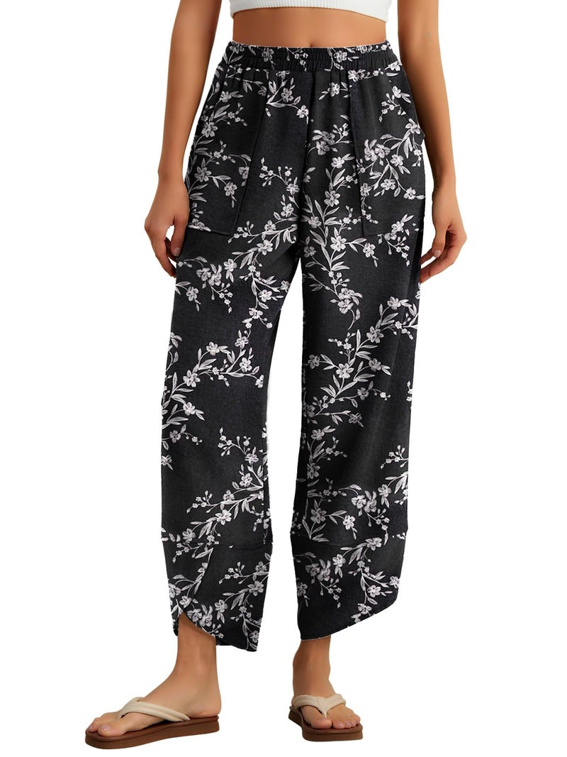 Feiersi Womens Baggy Wide Leg Pants Elastic Waisted Casual Palazzo Harem Pants Summer Beach Trousers(Black Carved White,Small) - Image 1