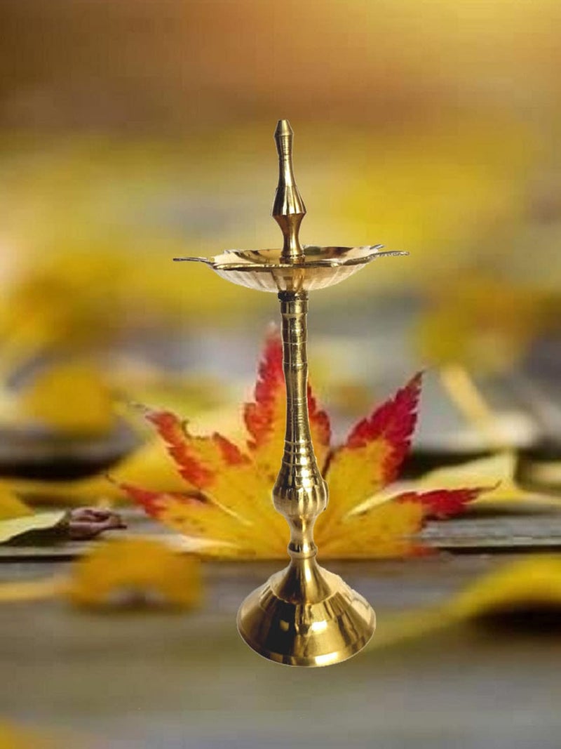 SOLINO Brass Traditional Kerala Brass OilGhee Diya Deepak Lamp Designer Long Diyas for Home Pooja Room Pancharti Panchmukhi Pital Diya for Puja Decoration Aarti DiwaliGold Color Pack of 1