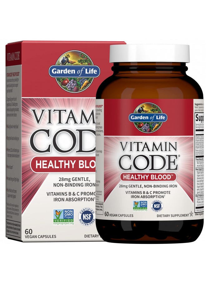 Garden of Life - Garden of Life Vitamin Code Iron Supplement, Healthy Blood - 60 Vegan Capsules, 28g Iron, Vitamins B, C, Trace Minerals, Fruit Veggies, Probiotics - Iron Supplements for Women Energy, Anemia Support - Image 1