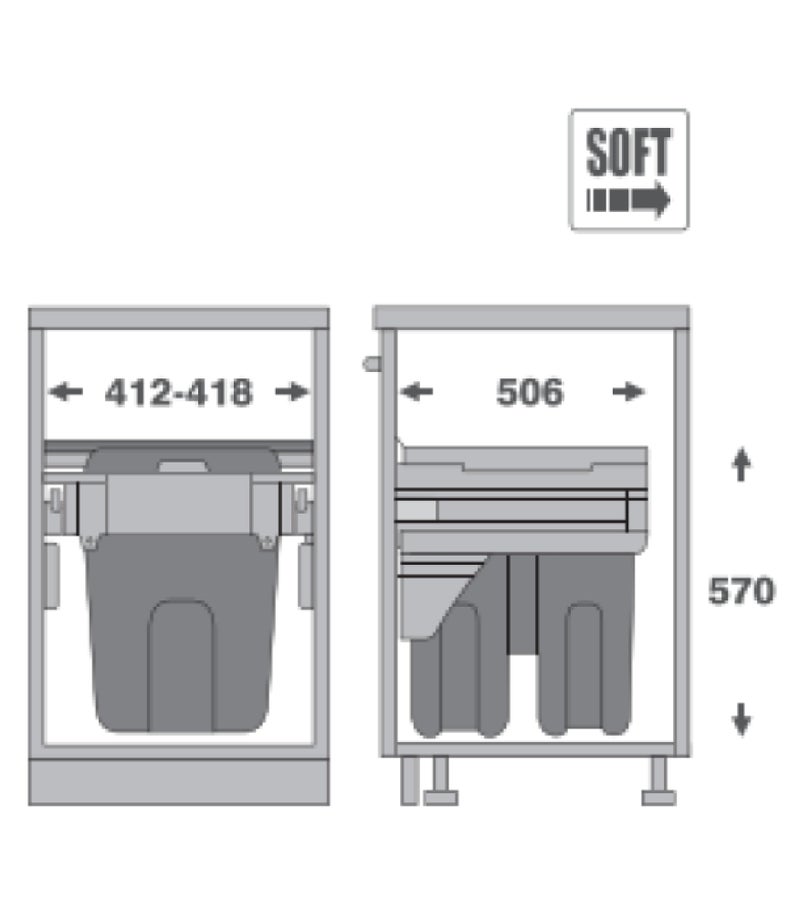 NUOMI BRD450-27W Double Pull-Out Waste Bin – 54L Grey Soft Closing Kitchen Trash System for 45cm Cabinets - Image 2