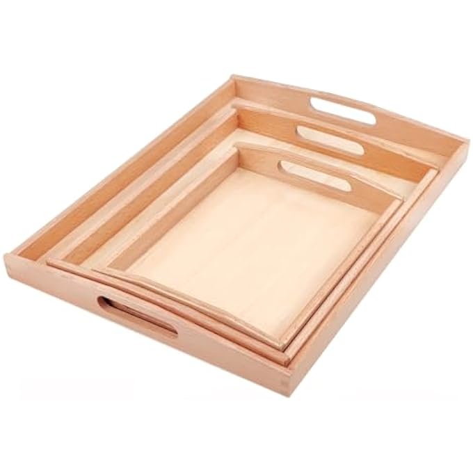 MONTESSORI WOODEN TRAYS WITH HANDLES, 3 PACK SMALL MEDIUM BIG QUALITY WOOD TRAY FOR TODDLERS AND KIDS MONTESSORI ACTIVITIES, TRAYS TO STORE TOYS AND EDUCATIONAL AIDS AT HOME KINDERGARTEN (BEECH) - Image 1