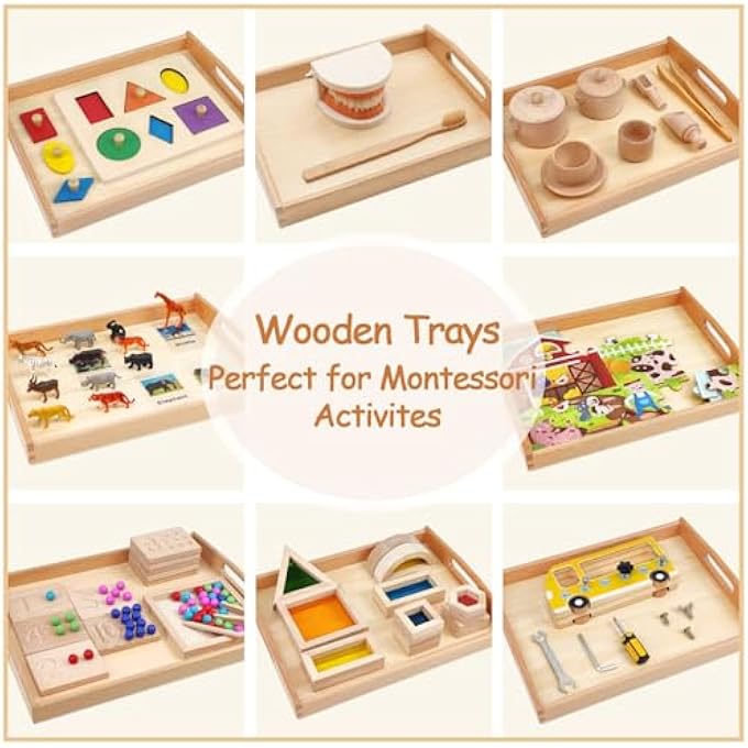 MONTESSORI WOODEN TRAYS WITH HANDLES, 3 PACK SMALL MEDIUM BIG QUALITY WOOD TRAY FOR TODDLERS AND KIDS MONTESSORI ACTIVITIES, TRAYS TO STORE TOYS AND EDUCATIONAL AIDS AT HOME KINDERGARTEN (BEECH) - Image 5