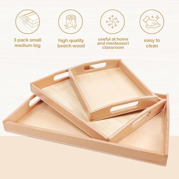 MONTESSORI WOODEN TRAYS WITH HANDLES, 3 PACK SMALL MEDIUM BIG QUALITY WOOD TRAY FOR TODDLERS AND KIDS MONTESSORI ACTIVITIES, TRAYS TO STORE TOYS AND EDUCATIONAL AIDS AT HOME KINDERGARTEN (BEECH) - Image 3