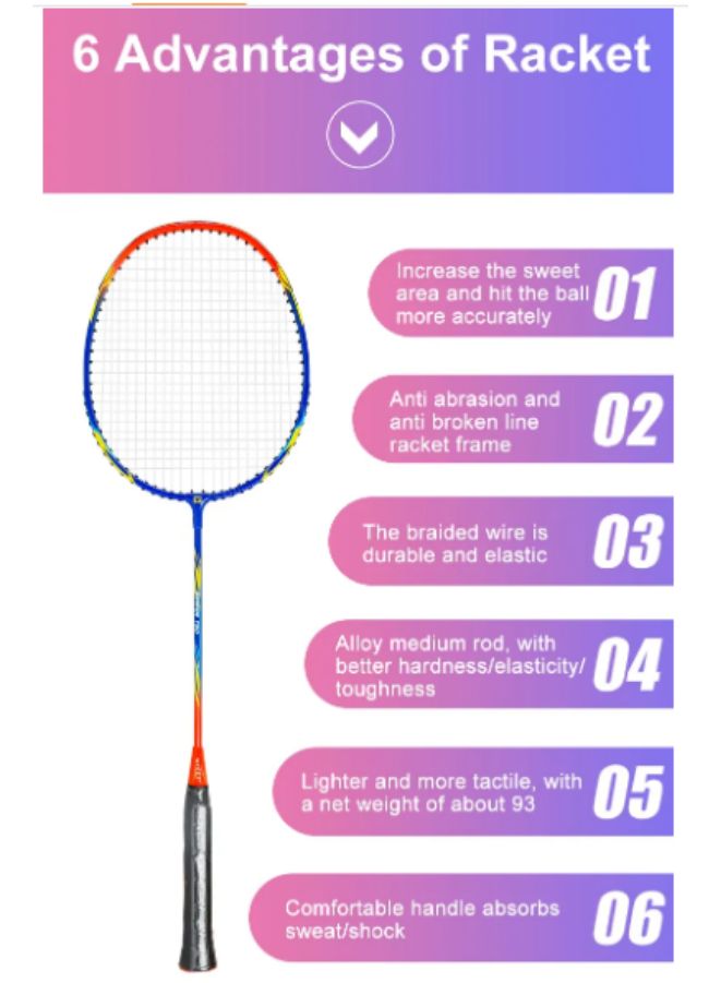 Generic Whizz 2 pcs Badminton Racket Set T20 – Lightweight Aluminum Frame, Pre-Tensioned at 16lbs – Perfect for Family Entertainment, School Sports & Beginners, Red - Image 2