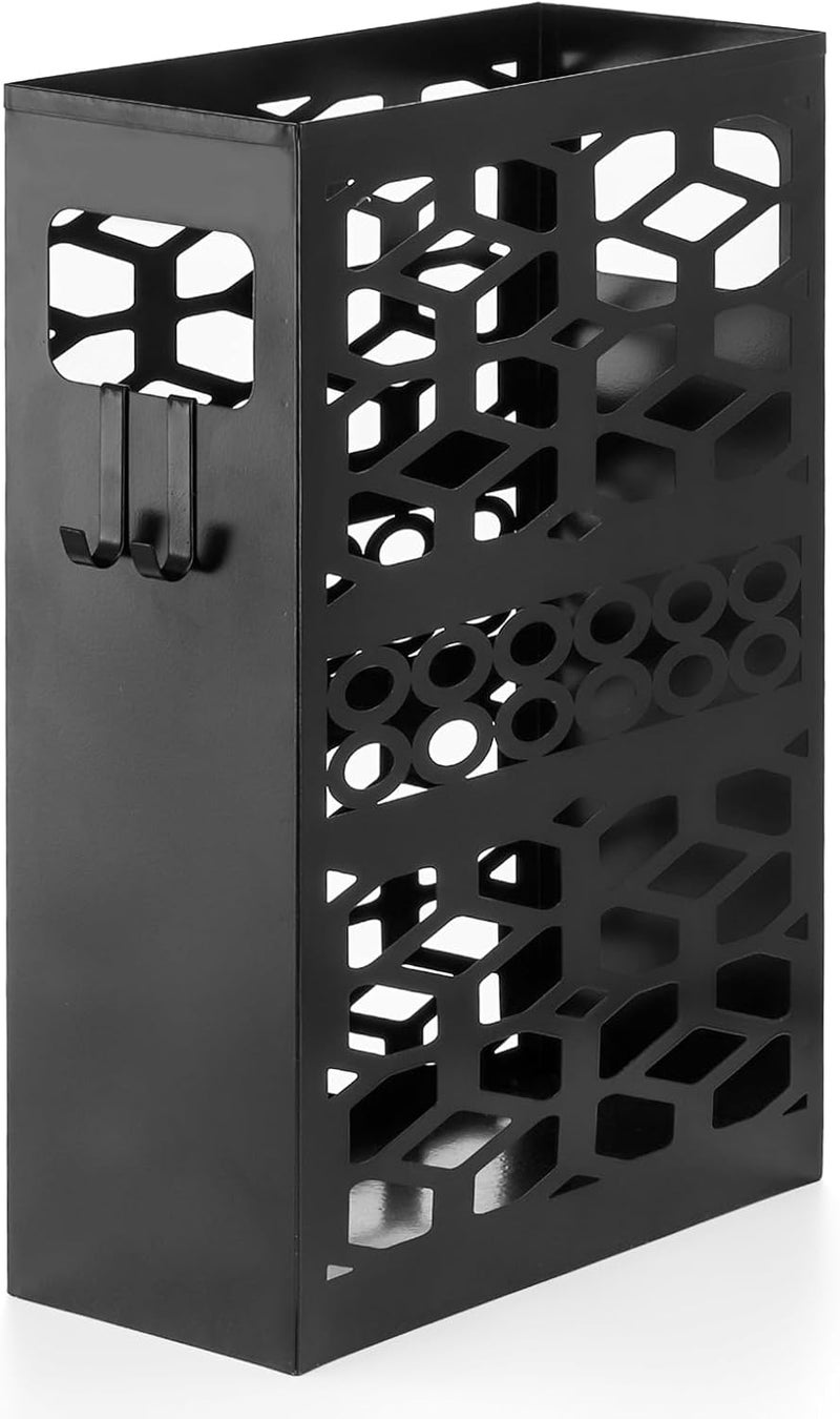 ZENFUN Metal Umbrella Holder with 2 Hooks, Rectangle Umbrella Organizer, Umbrellas Stand for Entryway, Walking Stick Storage Bin Freestanding for Home, Office, Hotel, Black - Image 3