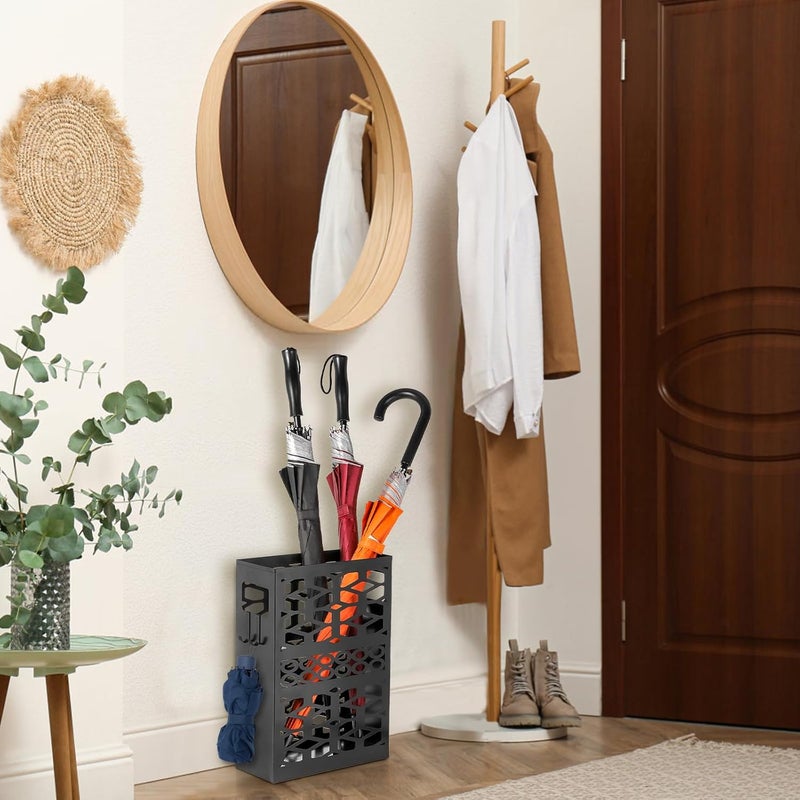ZENFUN Metal Umbrella Holder with 2 Hooks, Rectangle Umbrella Organizer, Umbrellas Stand for Entryway, Walking Stick Storage Bin Freestanding for Home, Office, Hotel, Black - Image 5