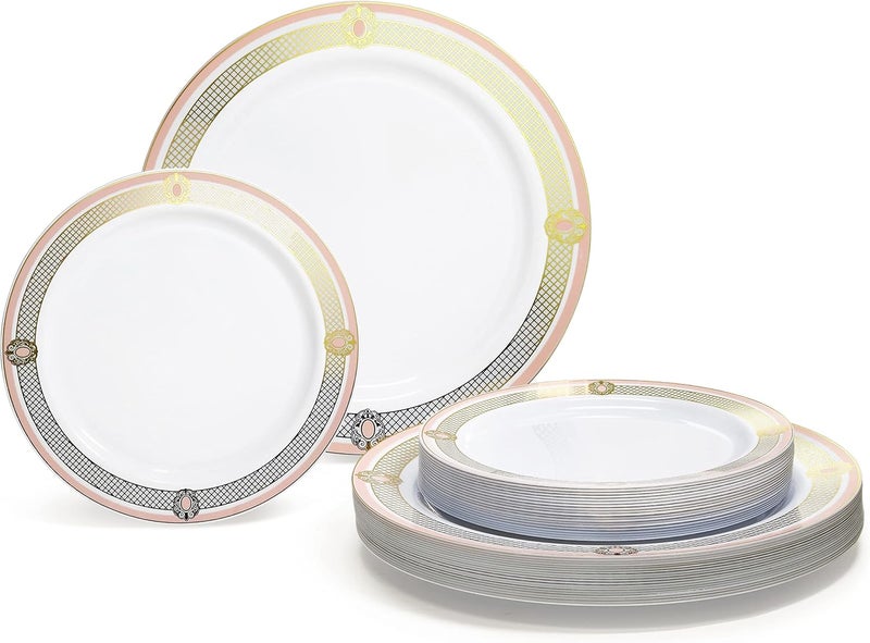 OCCASIONS FINEST PLASTIC TABLEWARE " OCCASIONS " 50 Plates Pack (25 Guests)-Wedding Party Disposable Plastic Plate Set -25 x 10.25'' Dinner + 25 x 7.5'' Salad & Dessert plates (Royal in White/Blush & Gold) - Image 1