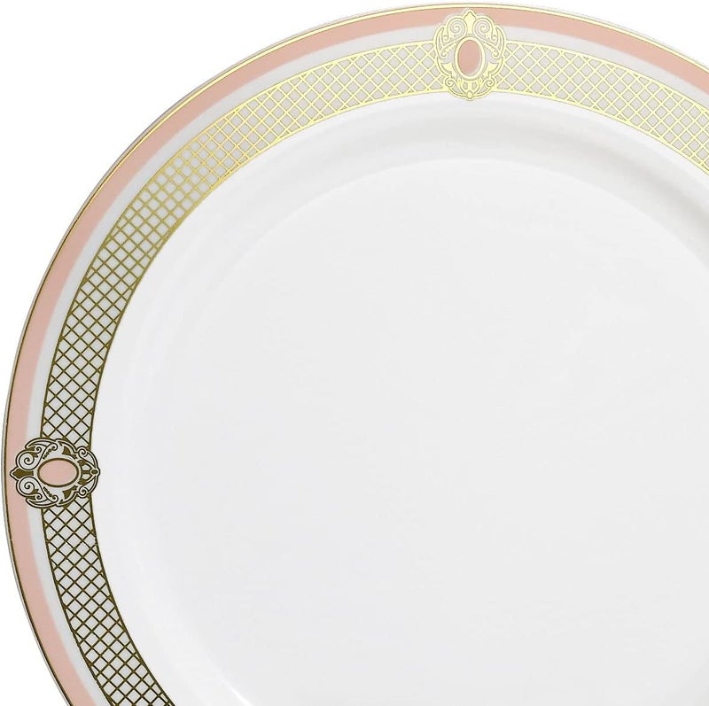 OCCASIONS FINEST PLASTIC TABLEWARE " OCCASIONS " 50 Plates Pack (25 Guests)-Wedding Party Disposable Plastic Plate Set -25 x 10.25'' Dinner + 25 x 7.5'' Salad & Dessert plates (Royal in White/Blush & Gold) - Image 3