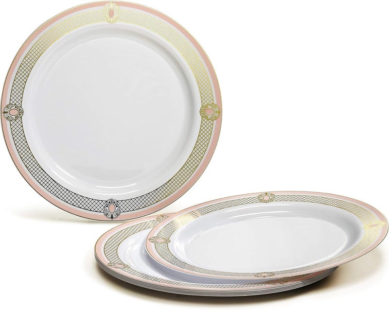 OCCASIONS FINEST PLASTIC TABLEWARE " OCCASIONS " 50 Plates Pack (25 Guests)-Wedding Party Disposable Plastic Plate Set -25 x 10.25'' Dinner + 25 x 7.5'' Salad & Dessert plates (Royal in White/Blush & Gold) - Image 2