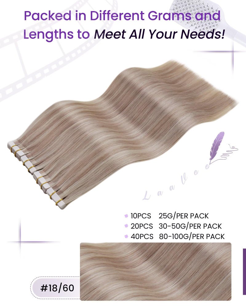 LaaVoo Tape in Hair Extensions Human Hair Tape in Extensions Blonde Ombre Human Hair Extensions Tape in Light Brown to Ash Blonde Hair 16inch 20pcs 50g - Image 3