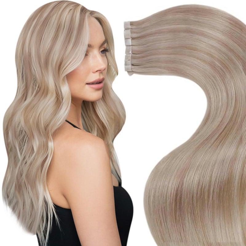 LaaVoo Tape in Hair Extensions Human Hair Tape in Extensions Blonde Ombre Human Hair Extensions Tape in Light Brown to Ash Blonde Hair 16inch 20pcs 50g - Image 1