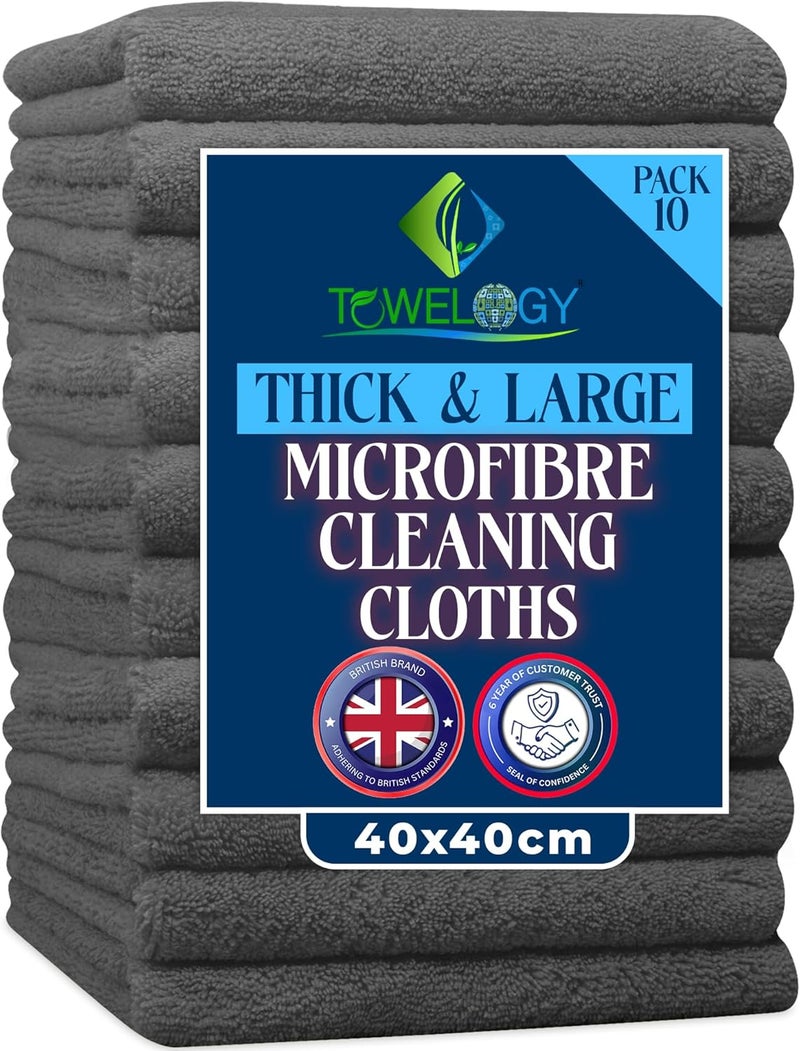 Towelogy® Heavy Duty Microfibre Cleaning Cloths - 10 Pack, 40x40cm, Charcoal Grey - Image 1