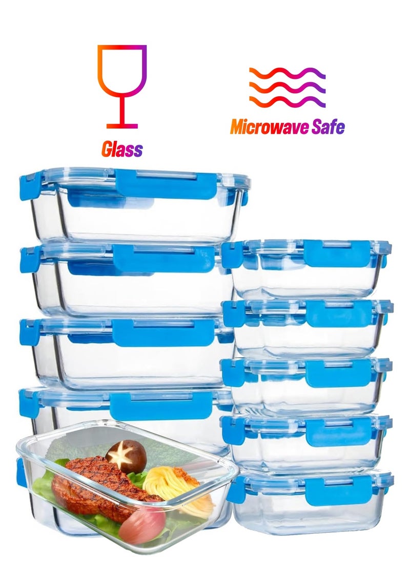 TYCOM Glass Meal Prep Containers (10 pcs Rectangle) - Glass Food Storage Containers with Lids, Glass Lunch Box, Portion Control, Airtight, Glass Bento Box Lunch Containers- 10P Rectangle Dark Blue  - Image 1