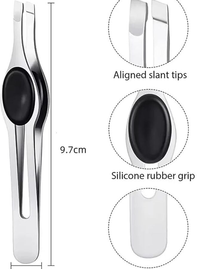 Silver Stainless Steel Slanted Tip Eyebrow Tweezers Non Slip Comfort Hold - Image 3