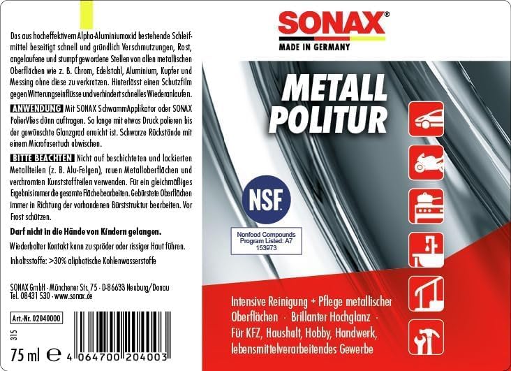 SONAX Metal Polish – High-Performance Cleaner and Polisher for Chrome, Stainless Steel, Aluminum, Copper, and Brass - Image 3