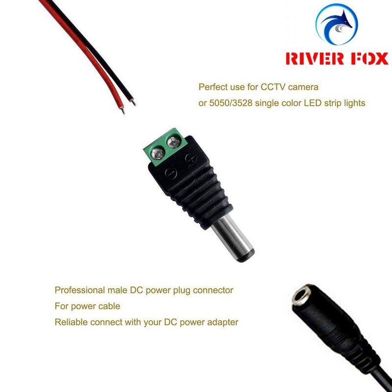 RIVER FOX 10 Pairs Dc Power Jack Plug Adapter Connector, 12V 24V Male + Female 2.1Mm X 5.5Mm Barrel Connectors For Cctv Camera,Led Strip Light, Dvr (10 X Male + 10 X Female), Black - Image 3