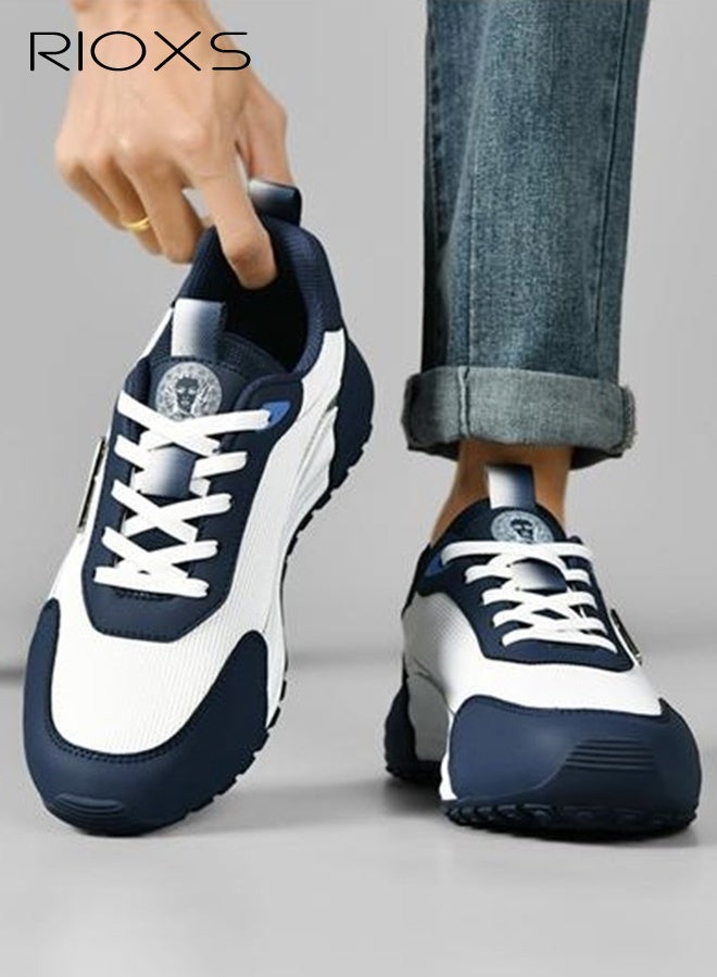 RIOXS Men's Sneakers, Comfy Breathable Soft-Soled Athlesiure Shoes, Lightweight Anti-slip Running Shoes, Classic Lace-Up Athletic Basketball Shoes, Trendy Walking Shoes Fashionable Casual Trainers for Daily Wear, Jogging, Walking, Running, Gym Workout, White and Blue - Image 1