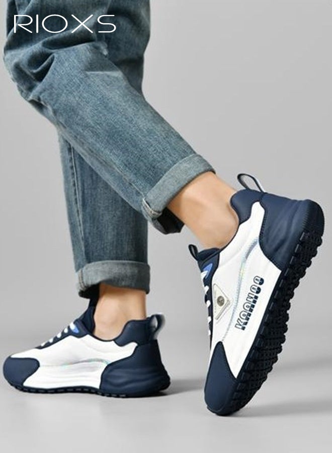 RIOXS Men's Sneakers, Comfy Breathable Soft-Soled Athlesiure Shoes, Lightweight Anti-slip Running Shoes, Classic Lace-Up Athletic Basketball Shoes, Trendy Walking Shoes Fashionable Casual Trainers for Daily Wear, Jogging, Walking, Running, Gym Workout, White and Blue - Image 3