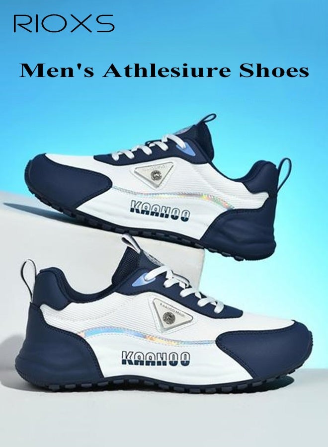 RIOXS Men's Sneakers, Comfy Breathable Soft-Soled Athlesiure Shoes, Lightweight Anti-slip Running Shoes, Classic Lace-Up Athletic Basketball Shoes, Trendy Walking Shoes Fashionable Casual Trainers for Daily Wear, Jogging, Walking, Running, Gym Workout, White and Blue - Image 2