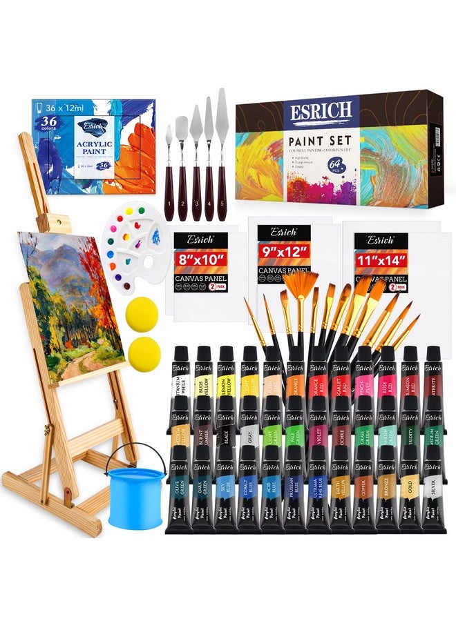ESRICH Acrylic Paint Set64Pcs Painting Supplies With Wooden Easelpaint Brushes36Colors Acrylic Paint Canvasespalettepaint Knives Etcpainting Kit For Adultsstudentshobbyistsbeginners - Image 1