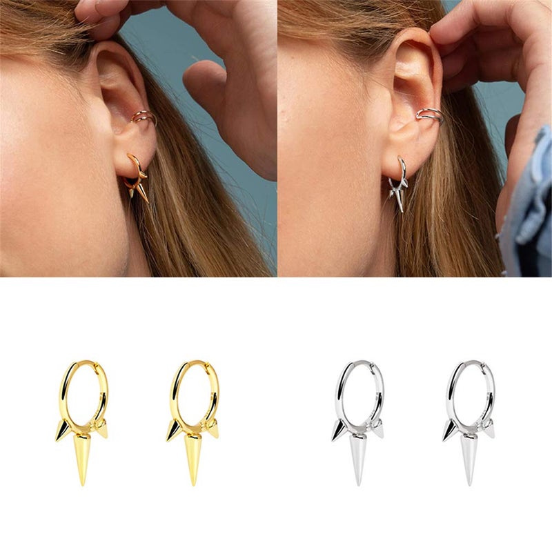 Dtja Fashion Spike Sterling Silver Hoop Earrings for Women Girls Men Hypoallergenic Minimalist Huggie Small Sleeper Hoops Cartilage Cuff Helix Stud Wrap Personalized Punk Jewelry (Silver-Toned) - Image 3