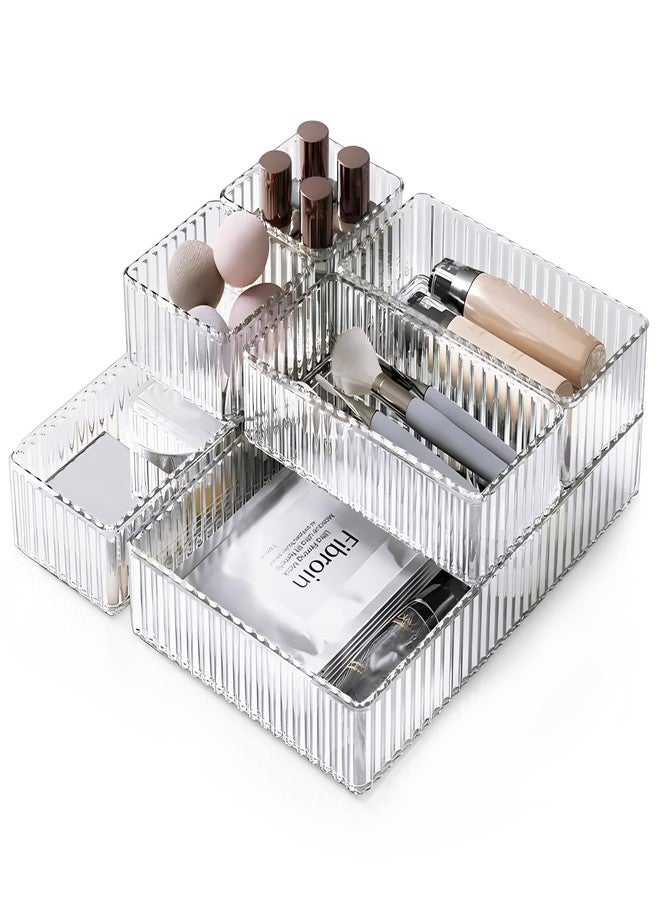 HOTOOLME 7PCS Clear Drawer Organizers Bins, 4 Size Stackable Makeup Drawer Organizer, Desk Plastic Drawer Storage Trays, Bathroom Drawer Storage for Cosmetics, Office Supply, Kitchen Utensils - Image 1