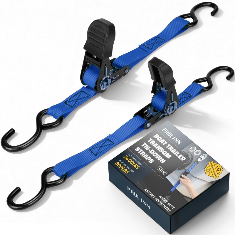 PAULINN Boat Trailer Tie-Downs Straps 1 Inch x 4 FT, 2400 LBS Heavy Duty Adjustable Transom Tie Down Straps Ratchet w/Quick Release Buckle u0026 Anti-Scratch Hooks, for Trailer Marine Jet Ski Pontoon - Image 1