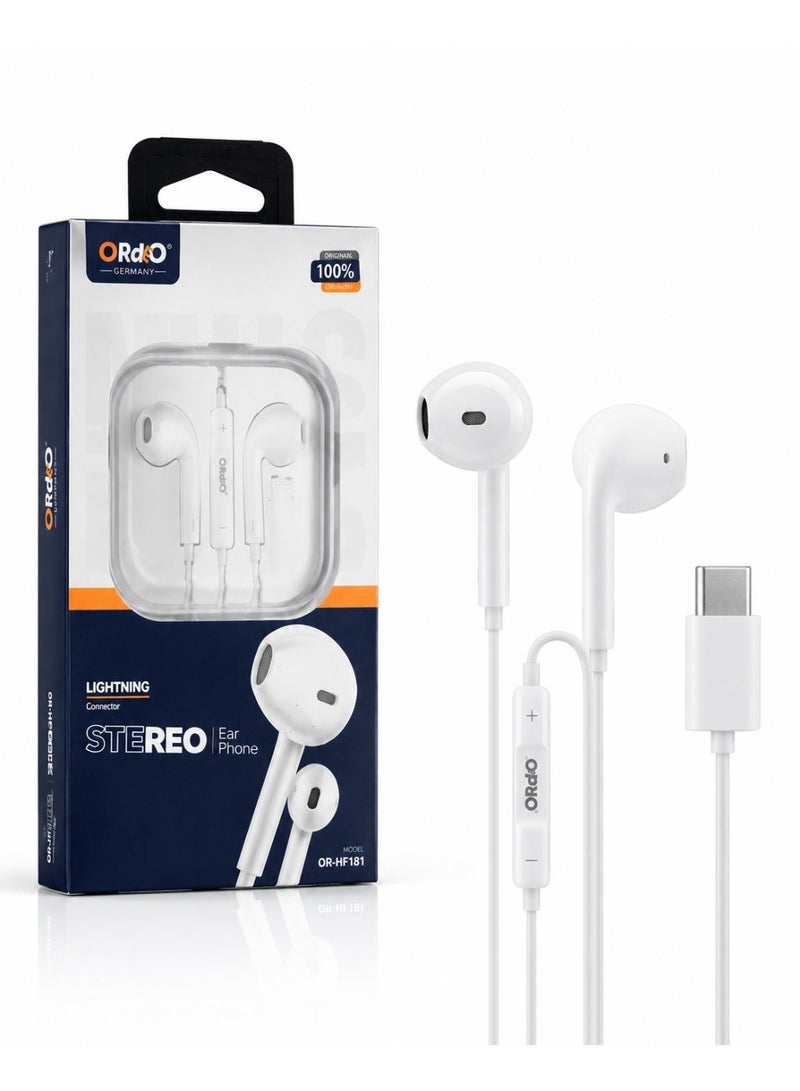ORdEO OR-HF18I Wired USB Type-C Stereo Earphones with Mic and In-Line Remote, White - Image 1