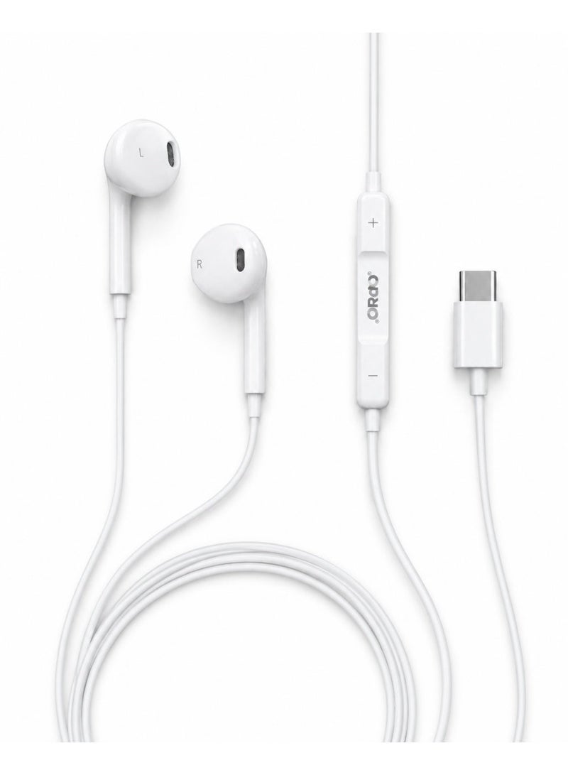 ORdEO OR-HF18I Wired USB Type-C Stereo Earphones with Mic and In-Line Remote, White - Image 2