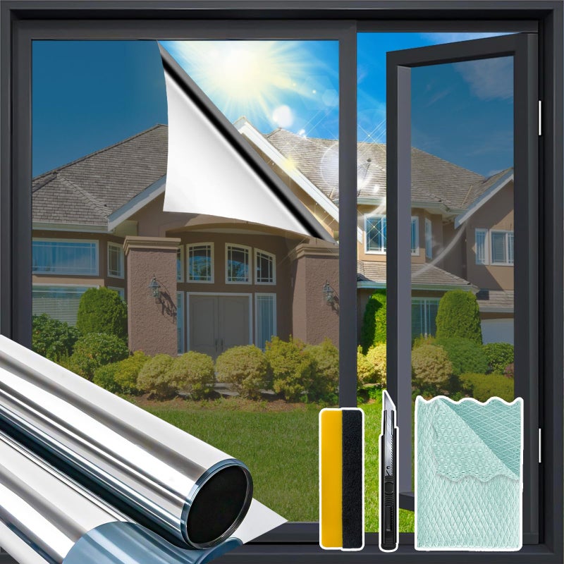 Niviy One Way Privacy Film  Window Tint for Home  Mirror Film Daytime Privacy Sun Blocking Anti UV Reflective Window Tint for Home and Office with 3 Tools  Silver  15.7 Inch X 78.7 Inch - Image 1