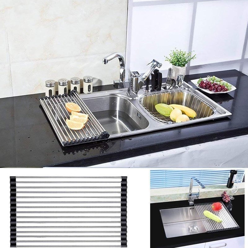 Suzec Kitchen Dish Drainer Rack Roll Up Over The Sink Dish Drying Rack for Kitchen Dish Portable Dish Drainer Rack for Crockery Utensils FruitsVegetables 47x235cm MetalBlack - Image 3