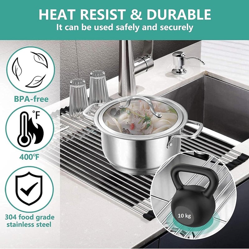 Suzec Kitchen Dish Drainer Rack Roll Up Over The Sink Dish Drying Rack for Kitchen Dish Portable Dish Drainer Rack for Crockery Utensils FruitsVegetables 47x235cm MetalBlack - Image 5