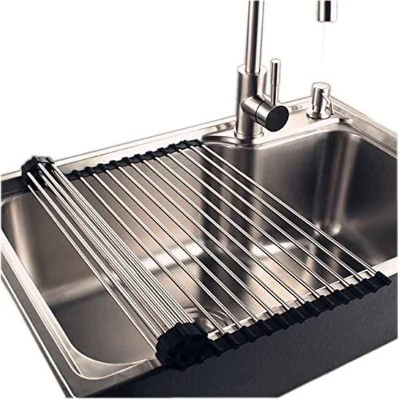 Suzec Kitchen Dish Drainer Rack Roll Up Over The Sink Dish Drying Rack for Kitchen Dish Portable Dish Drainer Rack for Crockery Utensils FruitsVegetables 47x235cm MetalBlack - Image 1
