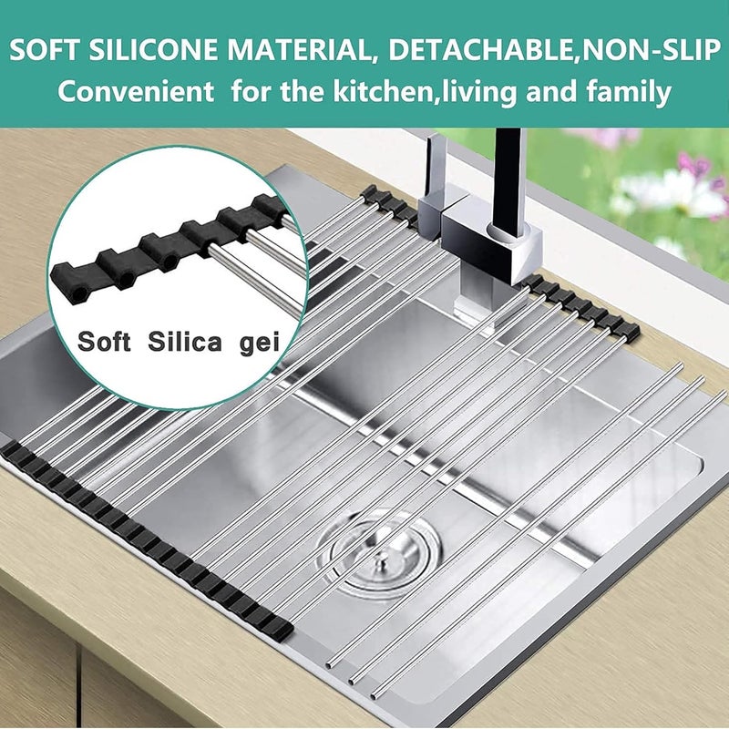 Suzec Kitchen Dish Drainer Rack Roll Up Over The Sink Dish Drying Rack for Kitchen Dish Portable Dish Drainer Rack for Crockery Utensils FruitsVegetables 47x235cm MetalBlack - Image 4