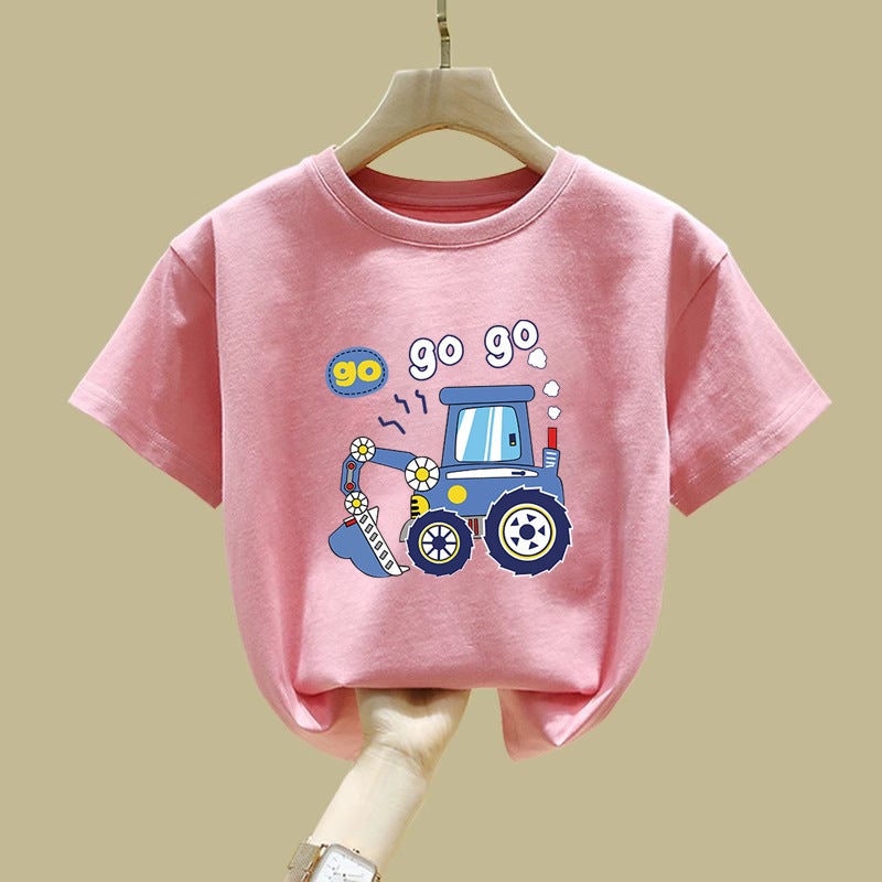 2460# Boys' Summer T-Shirt Short Sleeve Pure Cotton New Fashion Cool Cartoon Excavator Summer Jacket For Middle And Large Children - Image 1