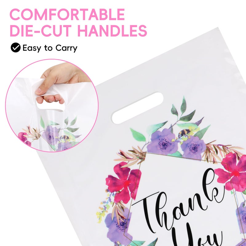 POPGIFTU Floral Plastic Thank You Gift Bags Bulk - 12"x15" Merchandise Retail Shopping Bags with Die-Cut Handles, 50 Pack - Perfect for Small Businesses, Boutiques, Clothing Stores, Weddings, Party Favors - Image 4
