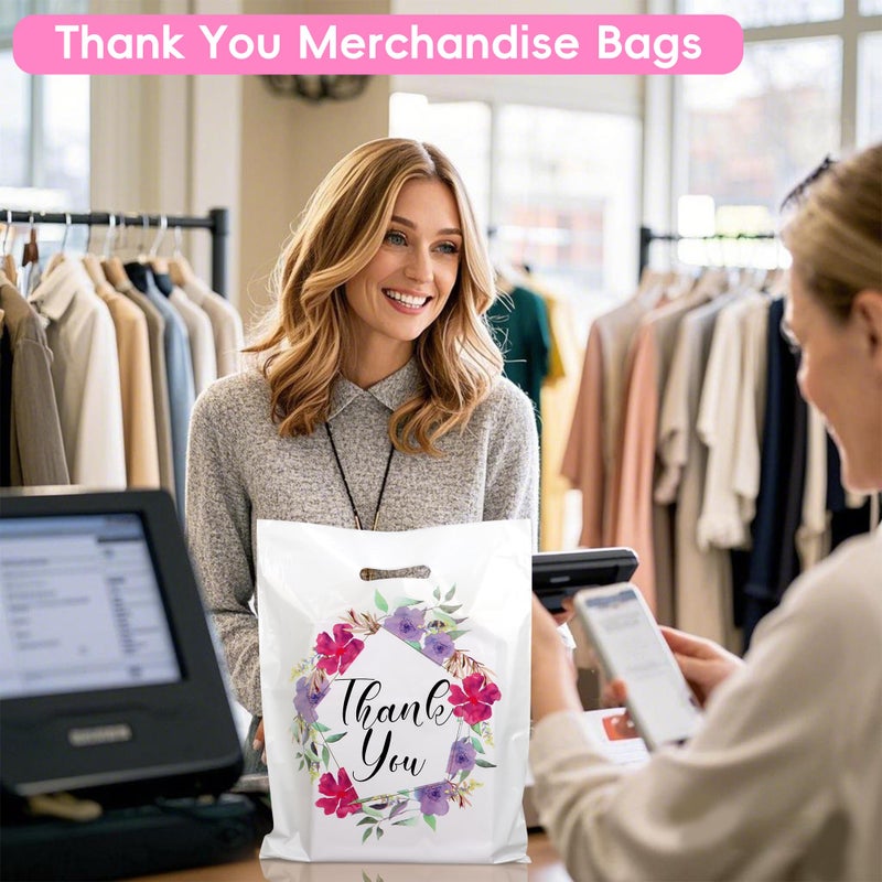 POPGIFTU Floral Plastic Thank You Gift Bags Bulk - 12"x15" Merchandise Retail Shopping Bags with Die-Cut Handles, 50 Pack - Perfect for Small Businesses, Boutiques, Clothing Stores, Weddings, Party Favors - Image 5