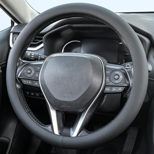 Uxcer Nappa Leather Steering Wheel Cover, Universal 14.5–15 Inch Non-Slip Breathable Steering Wheel Cover for Cars, Black - Image 1